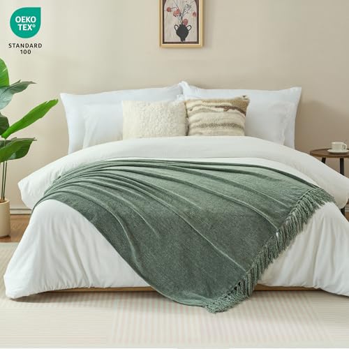Chenille Throw Blanket for Couch - Soft Knit Blankets 60"X80" | Cozy Warm Lightweight Boho Decorative Knitted Blankets with Tassels for Bed and Sofa,Light Green - color: Light Green, size: 60"x80"