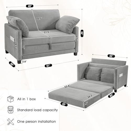 51" Convertible Loveseat Sofa Bed, 2-in-1 Folding Sofa Bed with 2 Pillow for Small Spaces, Modern Loveseat Sleeper Couch for Apartment, Living Room & Guest Room (Light Grey Corduroy, 51 inch) - color: Light Grey, size: 51"