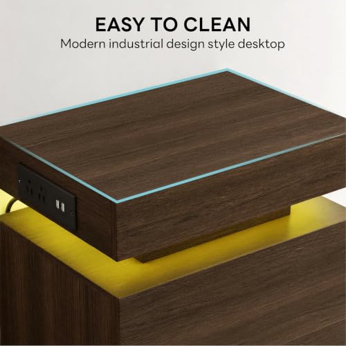 LIKIMIO Nightstand with Charging Station LED Light and 2 Drawers,Walnut | charging station; LED light; 2 smooth glide drawers; Walnut wood grain - color: Walnut