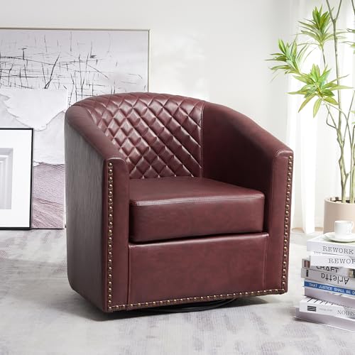 KINWELL 29" W Faux Leather Tufted PU Swivel Barrel Accent Chair, Red | No Assembly Vegan Leather Upholstered Swivel Club Chair with Nailhead Trim, Modern Armchair for Small Spaces Apartment - color: Red, style: Set of 1