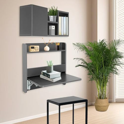 Wall Mounted Folding Desk, Solid Wood Floating Laptop Desk with Wall Mounted Bookshelf for Living Room Coffee Shop Apartments, 88lbs Table Load-Bearing (Grey) - color: Grey