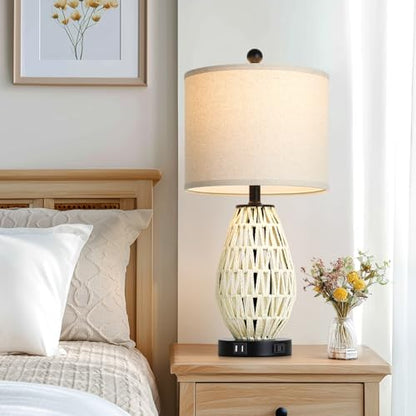 CINSARY Touch Control Rattan Table Lamps, 3 Way Dimmable Bedside Lamps for Bedroom Set of 2 with 2 USB Ports and AC Outlet, Wicker Nightstand Lamps for Living Room (LED Bulbs Included), White - color: White