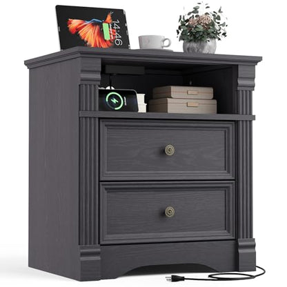 Grey Nightstand with Charging Station, Farmhouse Bedside Table, End Table with 2 Drawers and Chic Wood Pilasters Design, Wood Side Table with Metal Handles for Bedroom, Living Room - color: Grey, size: 15.7"D x 22"W x 23.6"H (2 Drawers)