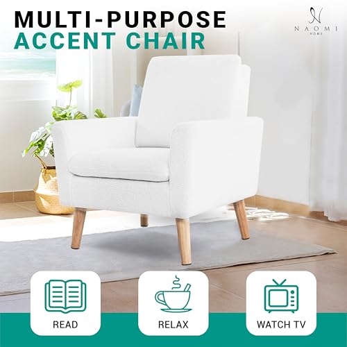 Naomi Home Frida Fleece Minimalist Accent Chair, White | Thick Cushions, Ergonomic Backrest, Solid Oak Legs, Cozy Reading Chair, Modern Living Room Seating - color: White, style: Classic