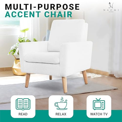 Naomi Home Frida Fleece Minimalist Accent Chair, White | Thick Cushions, Ergonomic Backrest, Solid Oak Legs, Cozy Reading Chair, Modern Living Room Seating - color: White, style: Classic
