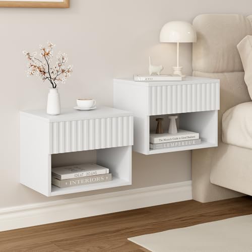 Floating Nightstand Set of 2, Modern Wall Mounted Bedside Tables with Fluted Drawer, Night Stand Small End Table with Open Storage Shelf for Bedroom, Living Room, Small Spaces, White
