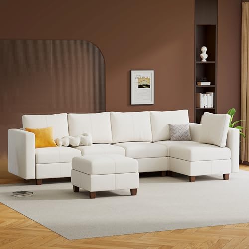 MINCETA Modular Sectional Sofa, Modern Comfy Sofa with Upholstered and Storage Ottoman for Living Room,Bedroom(White, 5 Seat L Shape+1 Ottoman) - color: White, size: 118.2"W*59.1"D + 26.8"W*26.8"D