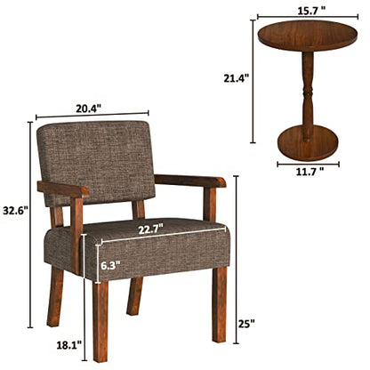 Accent Chairs Set of 2, 2 Solid Wood Armchairs with Side Table | Living Room Chairs with Soft Thicken Cushion, Comfy Reading Chair for Bedroom, Waiting Room, Home Office, Easy Assembly - color: Linen Brown, size: Set of 2 with table