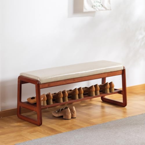 latifolia Solid Wood Bench, Entryway Shoe Bench with Cushion, 2 Tier Shoe Storage Organizer for Hallway, Living Room(Grey,39.70''L) - color: Grey, size: 39.37''L