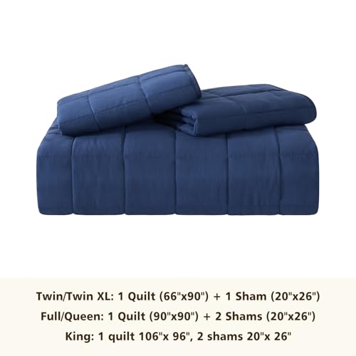 EMME Quilts Queen Size Bedding Sets Navy Blue Bedspread, Soft Lightweight Pre-Washed Bed Set, 3 Piece Cozy Reversible Microfiber Bed Coverlet with Pillow Sham(Square Pattern,90"x90") - color: 01-navy (Squares Pattern), size: Full/Queen(90" x 90")