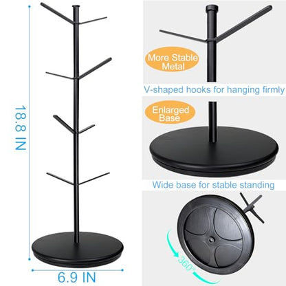 360° Rotating Mug Tree, Large 8 Hooks Upgraded Stable Metal Mug Holder, Bamboo Base Coffee Mug Cup Rack for Counter Top, Mug Display, Home Storage and Cup Organizer, Black - size: 8 hooks 360°