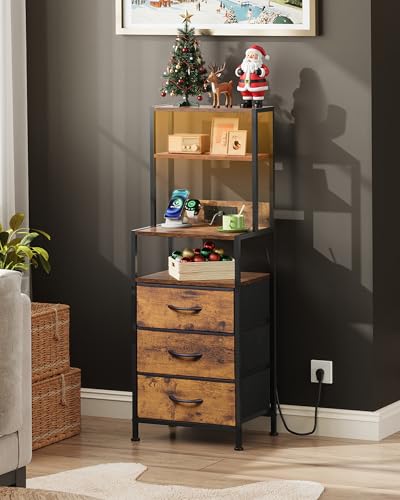 WLIVE Tall Nightstand with 3 Fabric Drawers, Night Stand with Charger Station and Open Shelves, LED Nightstand, Bed Side Table for Bedroom, Living Room, Rustic Brown - color: Rustic Brown, size: 1 Piece, style: 3 Drawers