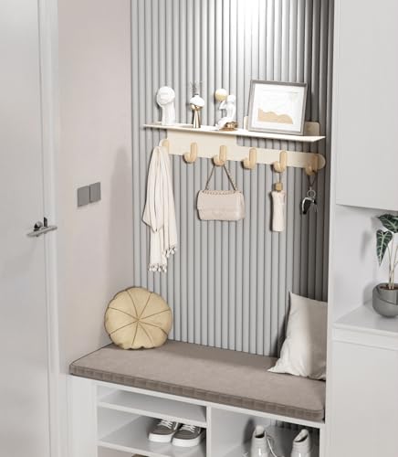 Wall Hooks with 22'' Shelf Coat Rack Wall Mount with 6 Hooks Entryway Hanging Shelf with Storage for Bathroom, Living Room, Bedroom, Modern Floating Wall Shelves with Hooks (Cream White)