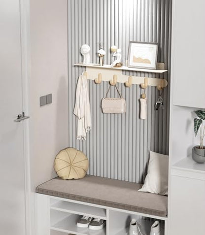 Wall Hooks with 22'' Shelf Coat Rack Wall Mount with 6 Hooks Entryway Hanging Shelf with Storage for Bathroom, Living Room, Bedroom, Modern Floating Wall Shelves with Hooks (Cream White)
