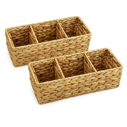 Operitacx Wicker Basket Organizer, 2-Pack with 3 Sections for Countertops | 2 woven-look baskets, three-section layout, for pantry packets, bathroom supplies, desk items and shelf organization needs