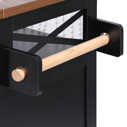 46.5'' Farmhouse Kitchen Island with Charging Station, Drop Leaf & Bead Drape - Mobile Rolling Cart, Ample Storage, Rustic Wood Grain Countertop for Compact Spaces (Black+Brown) - color: Black+brown)