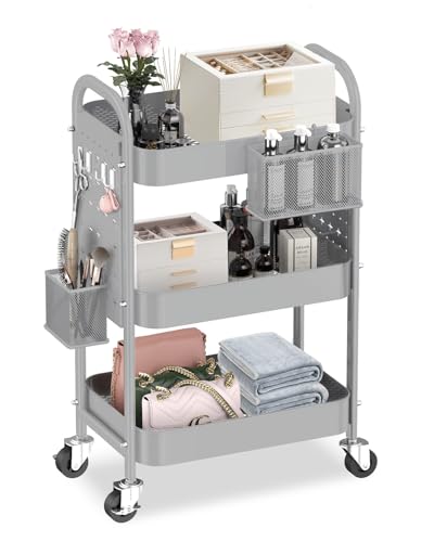 ALVOROG 3 Tier Rolling Cart with DIY Pegboards Metal Utility Cart with Wheels Handles Baskets Hooks, Craft Cart for Office Kitchen Bathroom(Light Gray) - color: Light Gray