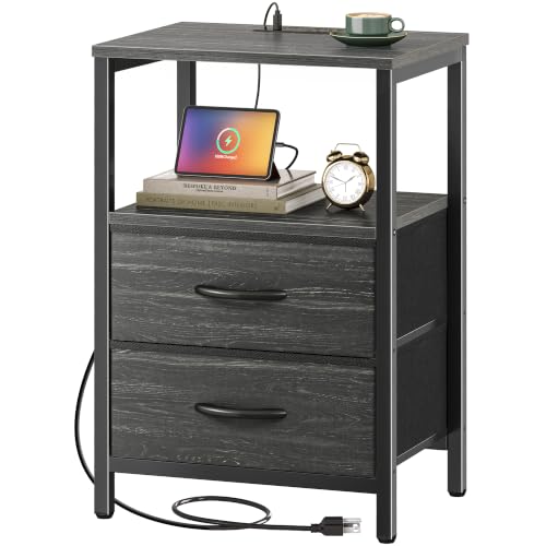 Huuger Nightstand with Charging Station, Side Table with Fabric Drawers | Bedside Table with USB Ports and Outlets, Night Stand for Bedroom, Bed Side Table, Charcoal Black Wood Grain Print - color: Charcoal Black Wood Grain Print, size: 11.8"d X 15.7"w X