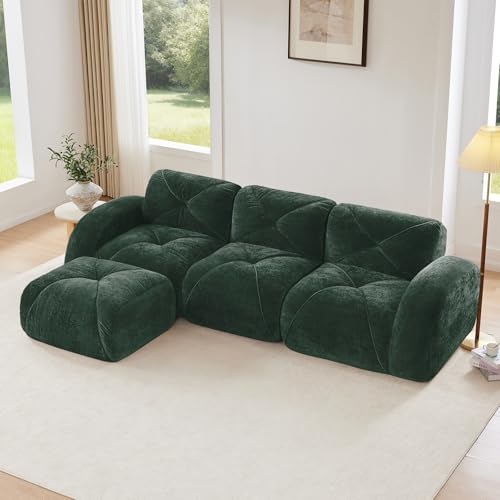 Green L-Shaped Sectional Couches for Living Room, Velvet Fabric Boneless Couch, No Assembly Cloud Modular Sectional Sofa with 1 Ottoman, Foam Couch Compressed Sofa Set for Apartment, Sofas para Sala - color: Green, size: 3 Seater + 1 Ottoman