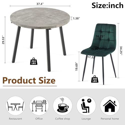 Homedot 5 PCS Dining Room Table Set, Grey Kitchen Table with Hooks for Hanging, Thick MDF Tabletop, 4 Dark Green Velvet Living Room Chairs - color: Dark Green, size: 1* Grey Round Table+4*Chair