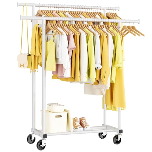 HYSEYY Double Rods Clothes Rack, Rolling Clothing Rack for Hanging Clothes Portable Wardrobe Rack, Metal Garment Rack Sturdy Coat Rack for Bedroom Laundry Living Room, White - color: White