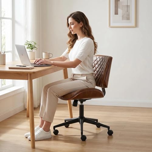 Furnimart Wooden Armless Desk Chair with Wheels, 360° Swivel Faux Leather Vanity Chair for Bedroom, Small Office Computer Task Chair for Home & Compact Spaces (PU Brown) - color: Pu-brown