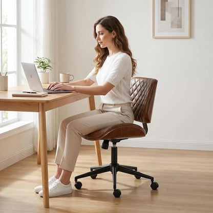 Furnimart Wooden Armless Desk Chair with Wheels, 360° Swivel Faux Leather Vanity Chair for Bedroom, Small Office Computer Task Chair for Home & Compact Spaces (PU Brown) - color: Pu-brown