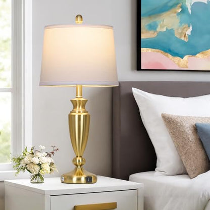 Rinweey 27'' Gold Table Lamps for Living Room with White Lampshade, 3 Way Touch Control Bedside Lamps Set of 2 with USB A+C Ports, Modern Metal Nightstand Lamp for Bedroom Office End Table - color: Gold-27"H