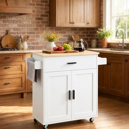 Kitchen Island with Storage, Rolling Kitchen Island on Wheels with Scalable,Open Spice Rack Shelf, Door Cabinet，Kitchen Cart Island Table for Kitchen, White