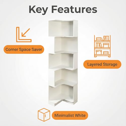 Corner Bookshelf, 5 Tier Tall Corner Bookcase with LED Lights, Freestanding L Shaped Open Display Shelf for Living Room, Bedroom, Home Office (White) - style: White-without drawers