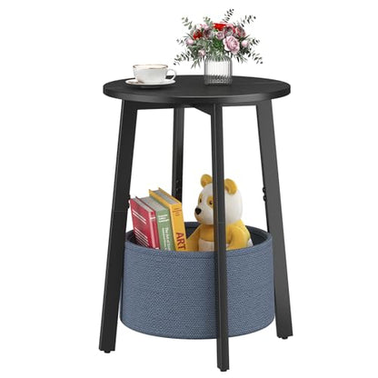 sthmec Small Round Side End Table with Cloth Storage Basket, Round Bedside Sofa Couch Coffee Tables for Small Places with Metal Frame, Modern Nighstands for Living Room Bedroom, Black - color: Black