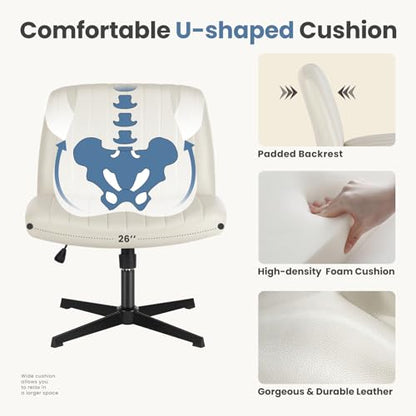 DUMOS Criss Cross Chair No Wheels, Wide Seat Cross Legged Office Desk Vanity Chair, Faux Leather Armless Height Adjustable Swivel Task Computer Chairs for Home, Study, Beige PU - color: Beige Pu