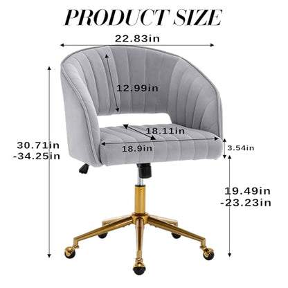 Vanity Chair Velvet Desk Chair with Gold Base for Living Room,Gray | Accent Armchair Upholstered Modern Tufted Chairs for Girls Women Ergonomic Study Seat Computer Task Stools for Bedroom - color: Light Gray