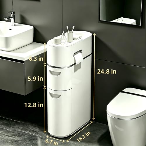 BGYMF 2-Tier Narrow Slim Bathroom Storage Cabinet with Wheels,White | No Installation Required,ABS and PP,Water Resistant,with Drawers,for Small Spaces Corner