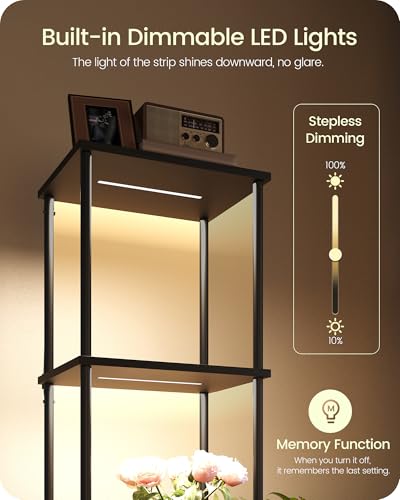 Display Shelf with Light, 5-Tier Shelf Lamp, Corner Floor Lamp with Shelves, Dimmable LED Floor Lamp for Living Room with Remote and Foot Control, 3CCT, Timer, Standing Lamp, Corner Bookshelf B52LD05 - color: Black