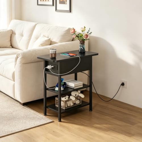WLIVE 3-Tier End Table with Charging Station Flip Top Narrow Nightstand | 2 USB Ports+2 AC Outlets; Flip Top Hidden Storage; 2 Open Shelves; Small Space Living Room Bedroom; Sturdy Carbon Steel Frame - color: Black