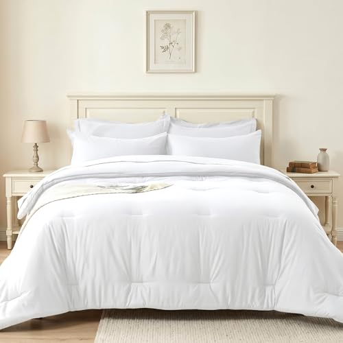 White Queen Comforter Set 7 Piece - Soft Bed in a Bag Queen Size Comforter Sets, Cozy Luxury Bedding Sets with Down Alternative Comforter, Flat Sheet, Fitted Sheet, 2 Pillowcases & 2 Shams - color: White, size: Queen