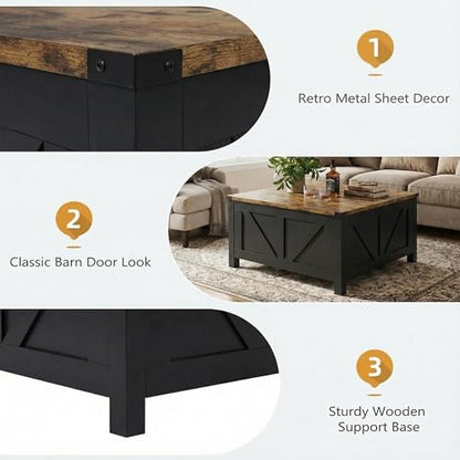 35” Farmhouse Coffee Table with Large Storage, Rustic Wood Lift Top Coffee Table for Living Room, Square Center Table with Charging Station&USB, Modern Port Pottery Barn Lift top Table - color: Black