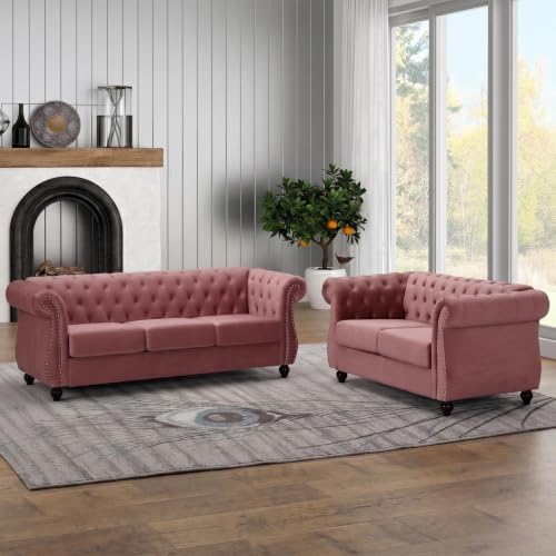 GDFStudio 82.6" Chesterfield Sofa Set, Modern Velvet Upholstered Sofa Set, Comfy 3 Seat Couch with Loveseat for Living Room Apartment, Button Tufted Rolled Arms Solid Wood Legs Spring Cushion, Black - color: Rose, size: 3+2 Seat