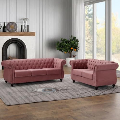 GDFStudio 82.6" Chesterfield Sofa Set, Modern Velvet Upholstered Sofa Set, Comfy 3 Seat Couch with Loveseat for Living Room Apartment, Button Tufted Rolled Arms Solid Wood Legs Spring Cushion, Black - color: Rose, size: 3+2 Seat