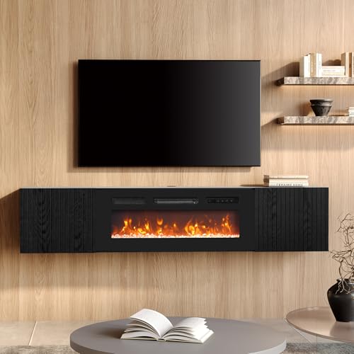 WAMPAT Modern Floating TV Stand with Electric Fireplace, Black | Media Console for TVs up to 80", Wooden Entertainment Center, 36" Fireplace, TV Shelf Cabinet for Living Room or Bedroom