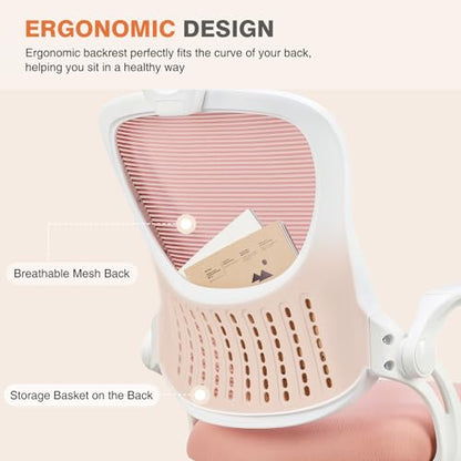 Sweetcrispy Computer Desk Chair, Mesh Office Chair with Lumbar Support | Ergonomic High-Back, Rolling Work, Adjustable Headrests, Flip-up Arms, Home Bedroom Study, Pink - color: Pink, style: Flip-up Armrest