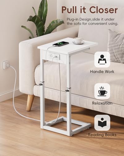 C Shaped End Table with Charging Station, C Table End Table Adjustable Height Sofa Table, Side Table for Couch, Couch Table that Slide Under, TV Tray Arm Table for Living Room,Bedroom, White - color: White, style: Charging Station