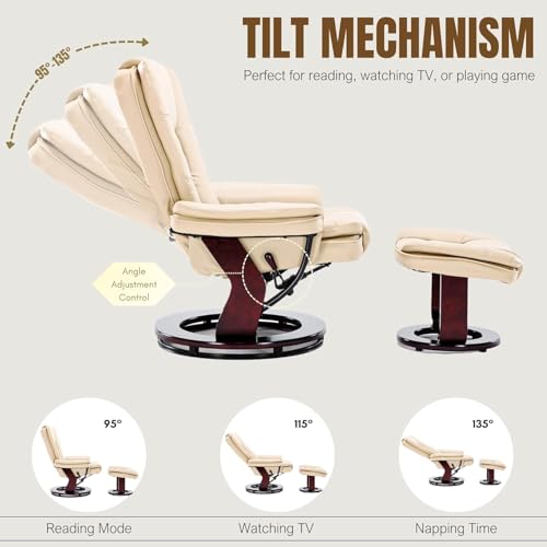 Swivel Recliner Chair with Ottoman Reclining Lounge Sofa Footrest, Set of 2 | 360°Sturdy Wood Base, Soft Faux Leather, Upholstered Ultra-Plush Foam, Modern Armchair, Living Room Bedroom Office Reading - color: Beige, size: Set of 2