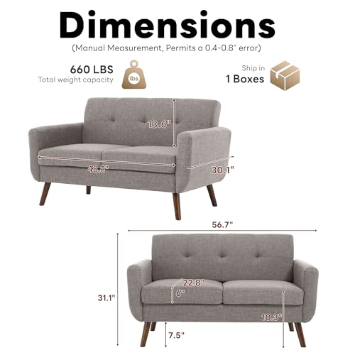 Tbfit 56" W Loveseat Sofa, Mid Century Modern Decor Love Seat Couches for Living Room, Button Tufted Upholstered Small Couch for Bedroom, Solid and Easy to Install Love Seats Furniture, Grey - color: Grey, size: 56.7 inch