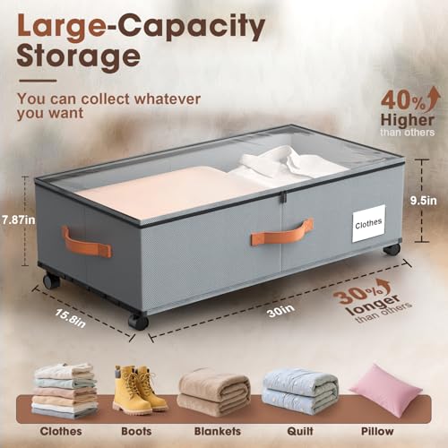 Eastherry Under Bed Storage Containers with Wheels, 9.5 inches Higher Underbed Shoes Blankets Clothes Toy Storage Drawers for College Dorms Bedrooms Nursery Rooms Organization, 2 Pack to be Assembled - color: Grey