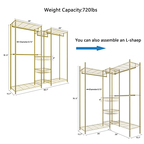 XIOFIO 6 Tiers Heavy Duty Garment Rack,Clothing Storage Organizer, Metal Clothing Rack,Clothing Rack with Hanging Rod,Adjustable Shelf and Fixed Baskets,60.7"L x 15.7"W x 70.5"H Max Load 720LBS,Gold - color: Gold