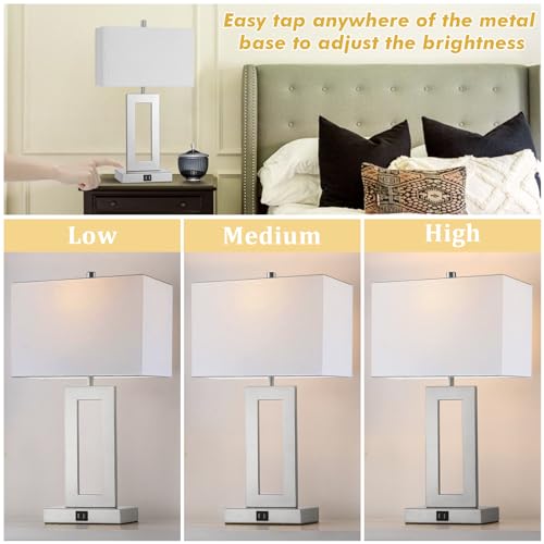 gernehop Silver Table Lamps Set of 2 with Dual USB Ports,3-Way Dimmable Touch Control Bedside Lamps,Modern Bedroom Table Lamp for Living Room,Nightstand LED Bulbs Included - color: 22Inch Silver