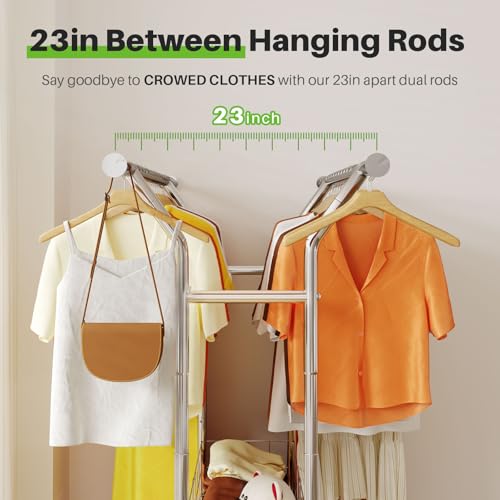 HOKEEPER Heavy Duty Clothes Rack Load 635 LBS, Double Rod with Metal Basket | Adjustable Clothing Rack, Rolling Garment Rack with Wheels for Bedroom, Living Room, Large Storage Space, 21.6"Dx71"Wx68"H - color: Silver