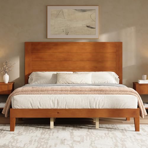 AMERLIFE King Size Solid Wood Platform Bed with Mid Century Style, Brown | Solid Wood Frame, Mid Century Modern Style, Wood Slat Support, Platform Bed Design - color: Brown, size: King